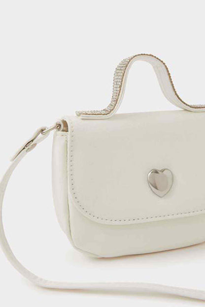 Ivory mini shoulder bag with heart-shaped metal clasp and side strap