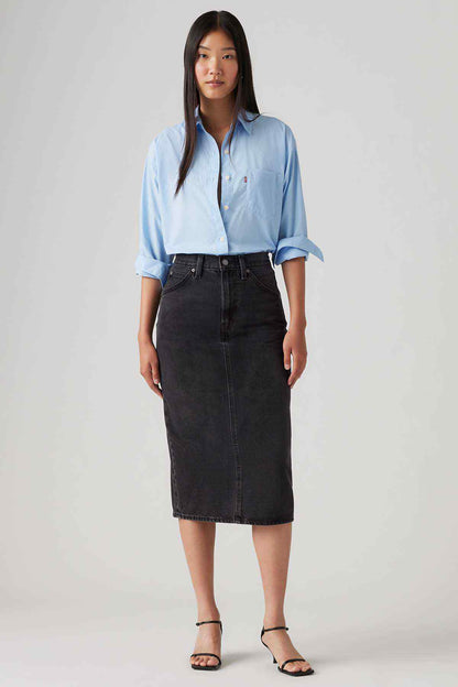 Black denim midi skirt with button front and belt loops