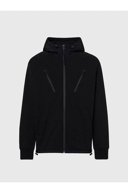Black zip-front hooded jacket with two angled pocket zips