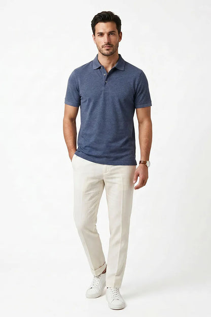 Men's navy heather short-sleeve polo shirt with button placket
