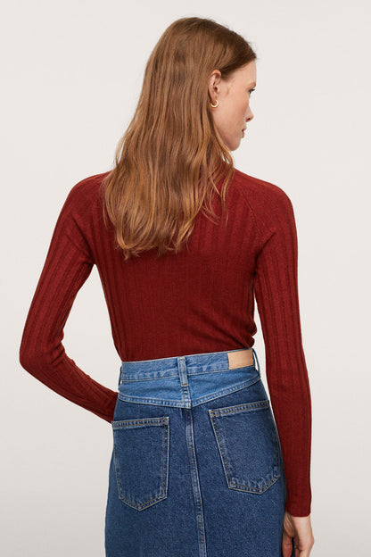 Dark red ribbed knit long-sleeve top, back view