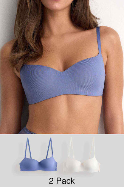 Women's blue ribbed balconette bra with underwire and lace-trim edges
