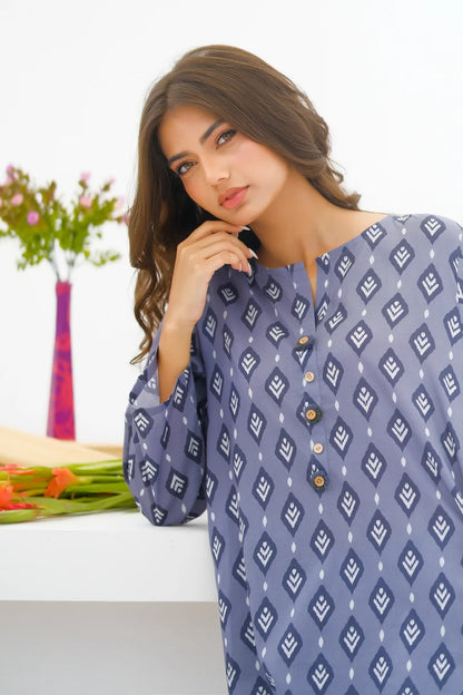 Blue patterned tunic detail: button placket and round neckline, long sleeves