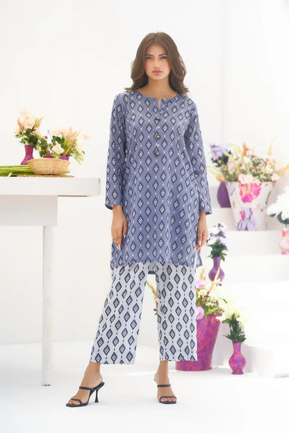 Blue geometric tunic with matching straight pants, button-front, 3/4 sleeves