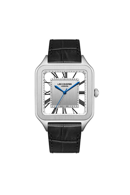 Lee Cooper square-faced wristwatch with black leather strap, silver case, blue hands