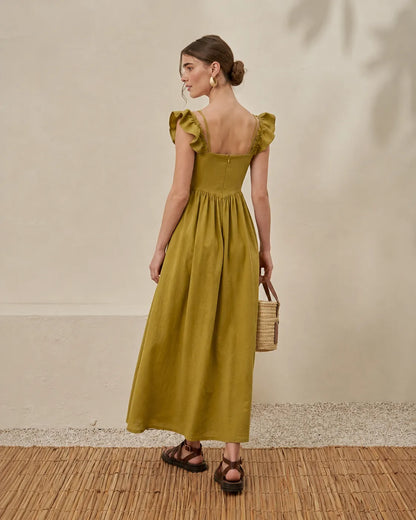 Mustard ruffle-shoulder midi dress with tiered skirt and fitted waist