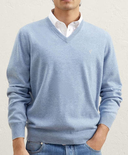 Fitted light-blue V-neck knit sweater with long sleeves