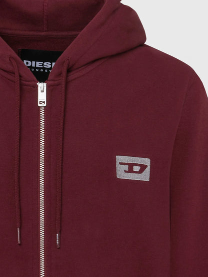 Maroon zip-up hoodie with Diesel logo patch and full-zip front