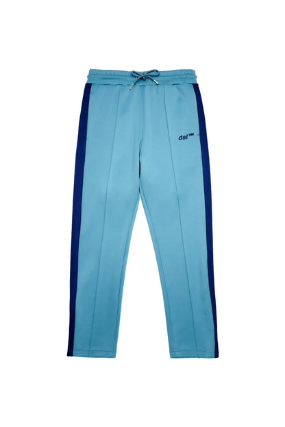 Men's blue Diesel track pants laid flat, elastic drawstring waist, dsl™ logo