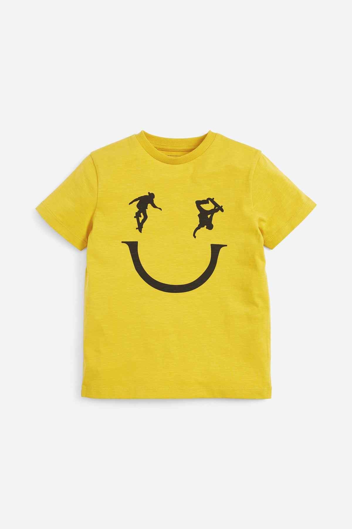 Kids' yellow short-sleeve T-shirt with black smiley face graphic