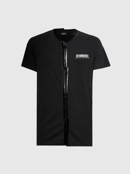 Black zip-front T-shirt with chest logo text on right side
