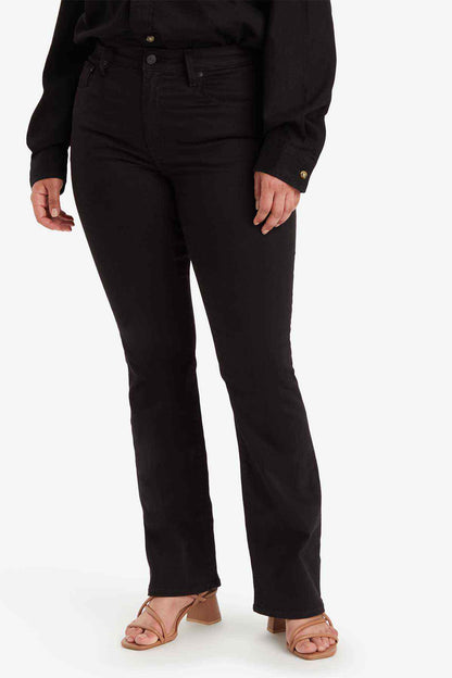 Black denim jeans close-up of front pockets and zipper