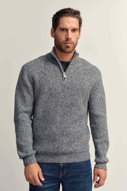 Grey textured knit half-zip sweater with mock neck collar