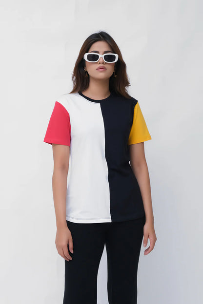 Colorblock crew T-shirt with white front and black side panels; red, yellow sleeves