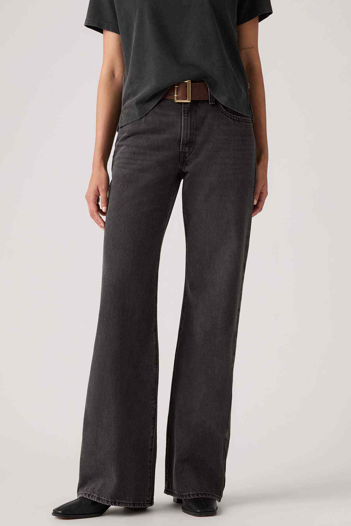 Black wide-leg jeans with button waist and belt loops