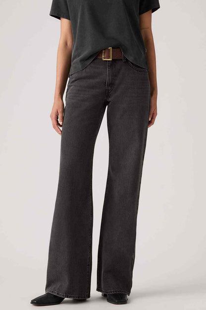 Black wide-leg jeans with button waist and belt loops