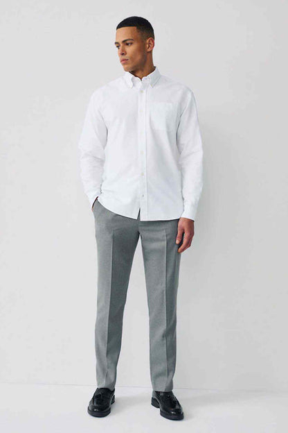 Men's white button-up shirt full-length view, long sleeves and collar