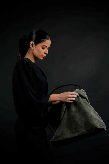 Bitter chocolate slouch hobo bag with top handles and side zipper pull