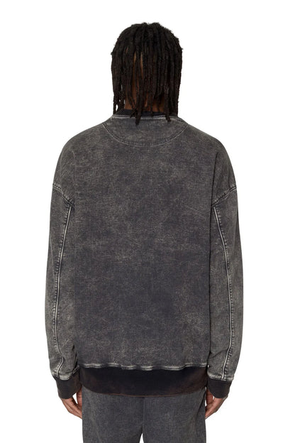 Diesel dark grey washed crewneck sweatshirt, back view with ribbed hem