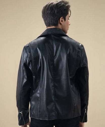 Fitted black leather jacket back view with seam detailing