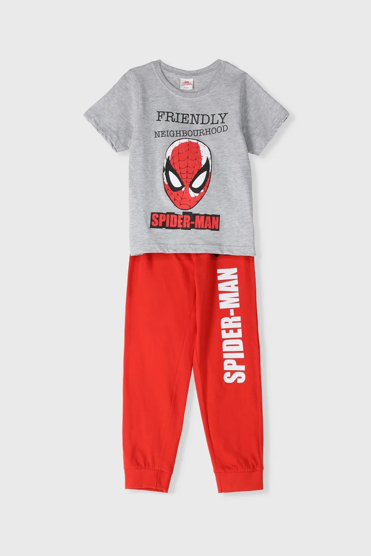 Kids Spider-Man pajama set with gray T-shirt and red logo pants