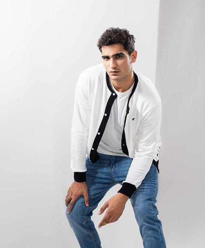 White fitted varsity jacket with black front placket and ribbed hem cuffs