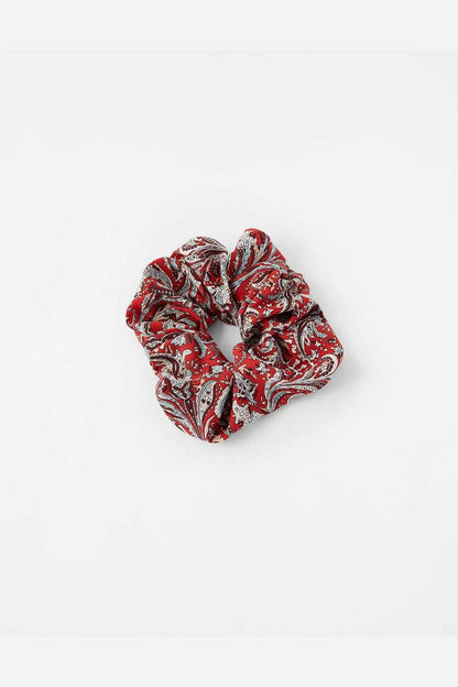 Red paisley fabric hair scrunchie with elastic band