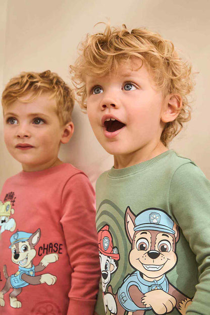 Kids' long-sleeve pajama top with character graphic—coral pink and sage green