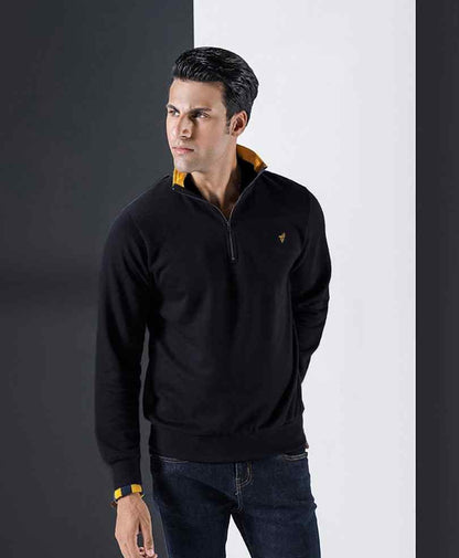 Men's dark navy half-zip pullover sweater with yellow trim, front zip, and small chest logo