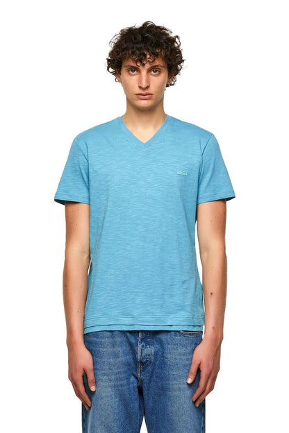 Men's Diesel blue V-neck T-shirt with short sleeves and small chest logo