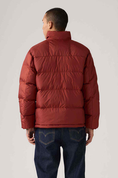 Red padded puffer jacket back view with quilted baffles and stand collar