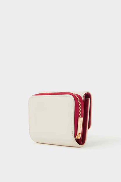 Cream compact zip wallet side view with burgundy interior