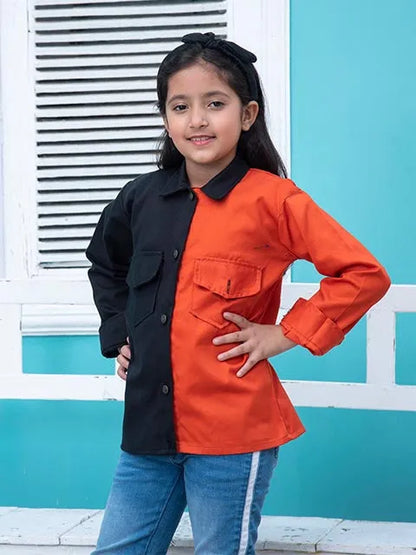 Kids close-up of two-tone jacket, black collar and front with orange body