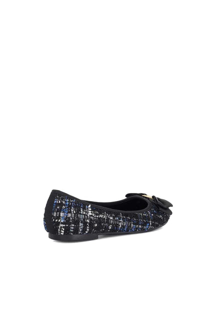 Dune London navy tweed ballet flats, side view with black bow at toe