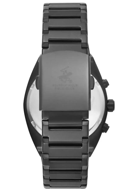 BHPC black wristwatch case back with black link bracelet, side crown