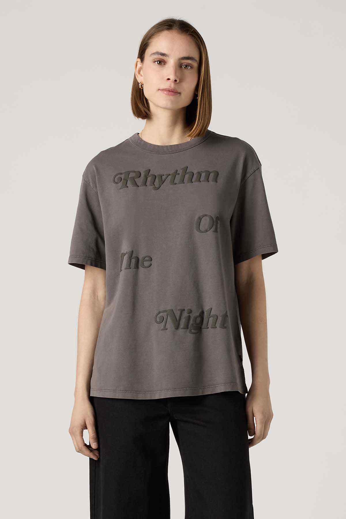 Women's dark gray graphic T-shirt with 'Rhythm' and 'Or the Night' print