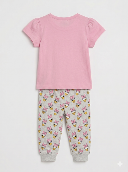Kids' pink plain T-shirt with character print pajama pants set