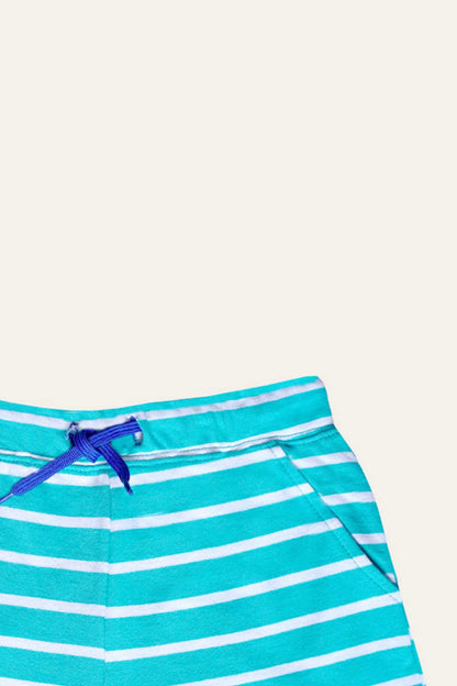 Turquoise striped swim shorts waistband with drawstring close-up
