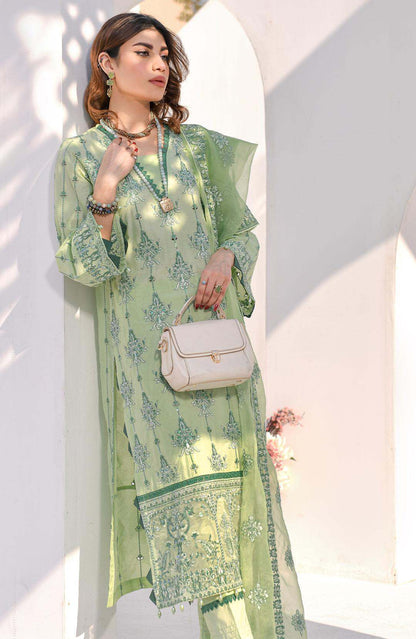 Fiona light green embroidered long dress with draped sheer overlay and ornate neckline