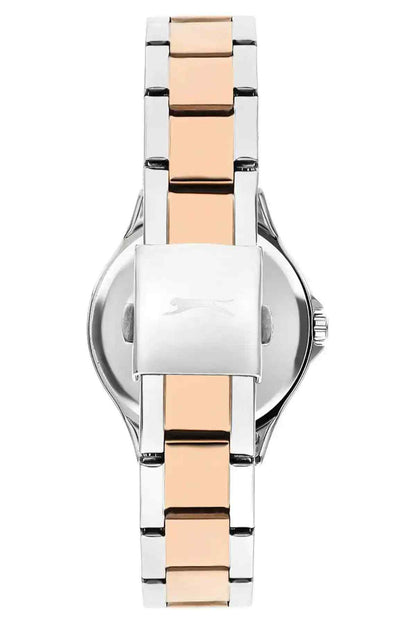 SLAZENGER wristwatch case view with silver links and rose-gold center band