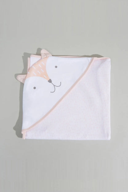 Folded hooded baby towel with rabbit design, white with peach trim and pink accents