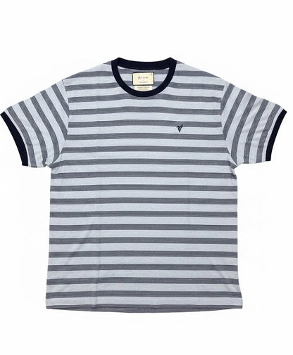 Fitted striped T-shirt, front view, crew neck, gray with dark navy stripes