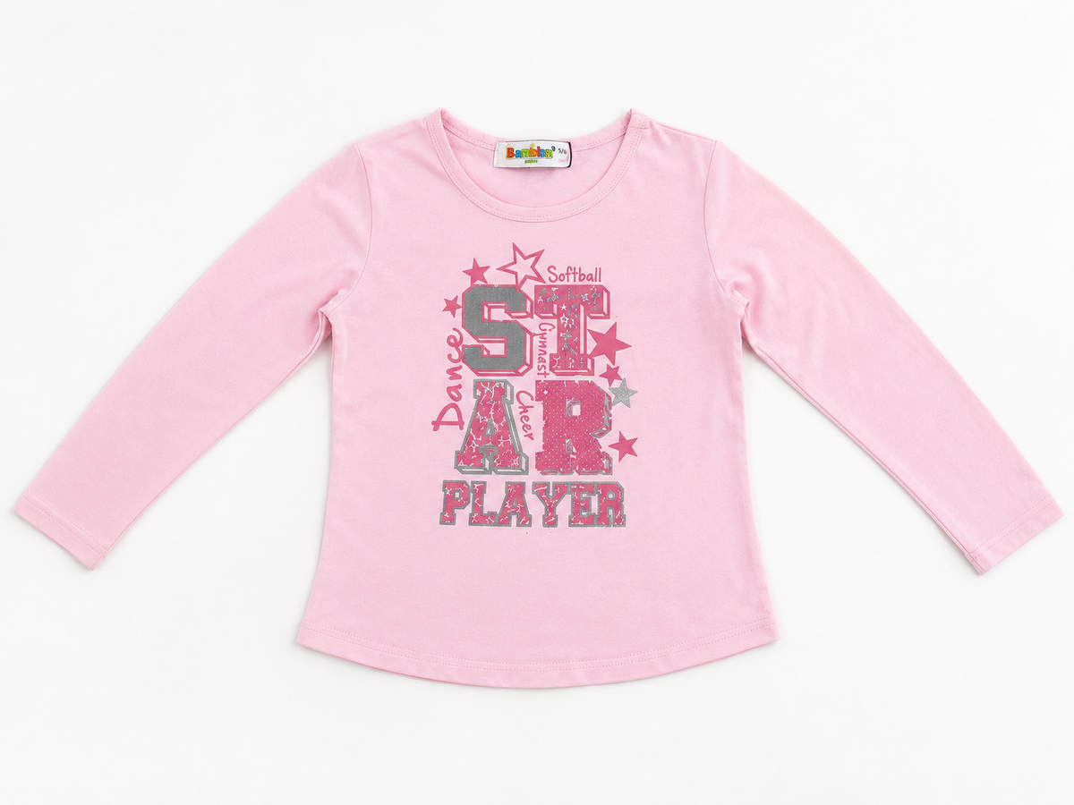 Pink long-sleeve shirt with colorful "Softball 5 Star Player" front print