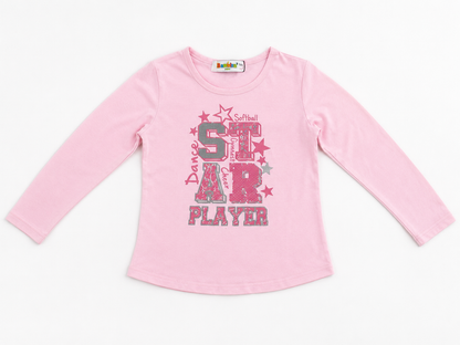 Pink long-sleeve shirt with colorful "Softball 5 Star Player" front print