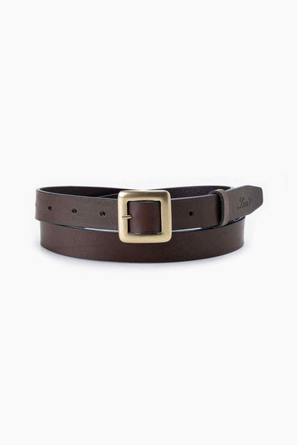 Brown leather belt with square gold buckle and adjustable holes
