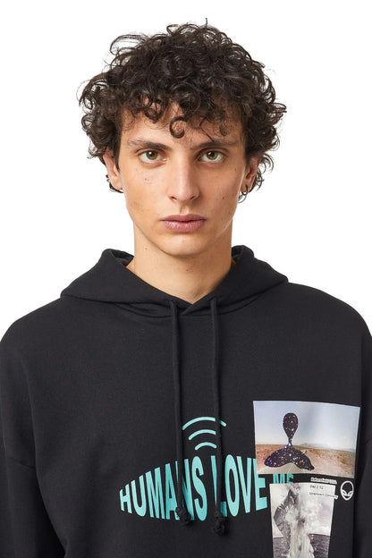 Black hoodie with drawstring hood and front Human’s Love graphic