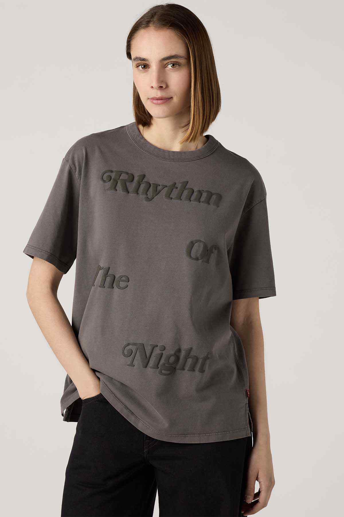 Women's dark gray graphic T-shirt with Rhythm and The Night text