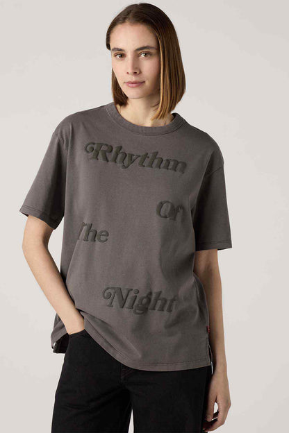 Women's dark gray graphic T-shirt with Rhythm and The Night text