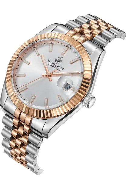 Two-tone wristwatch angled view, silver case with gold bezel and linked metal bracelet
