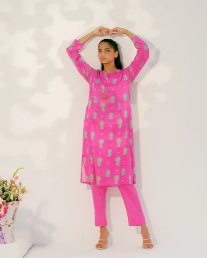 Women's pink printed kurta set with long sleeves and matching straight pants